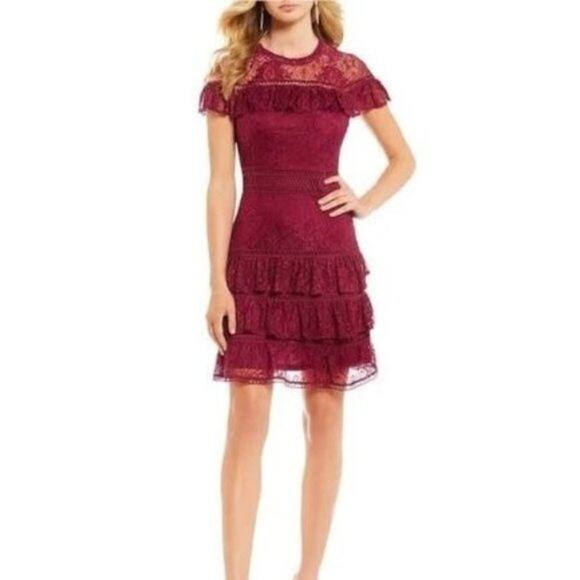 GIANNI BINI Burgundy Lace Ruffle Tier Mini Dress 0 XS Cute Party Chic Cocktail - Picture 1 of 7